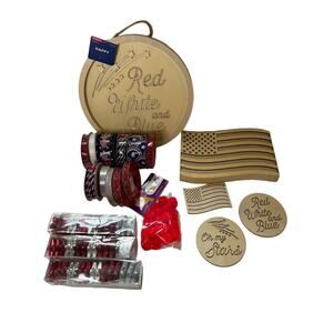 Large Lot of Patriotic 4th of July Wreath Making Supplies DIY Wooden Pcs Flag